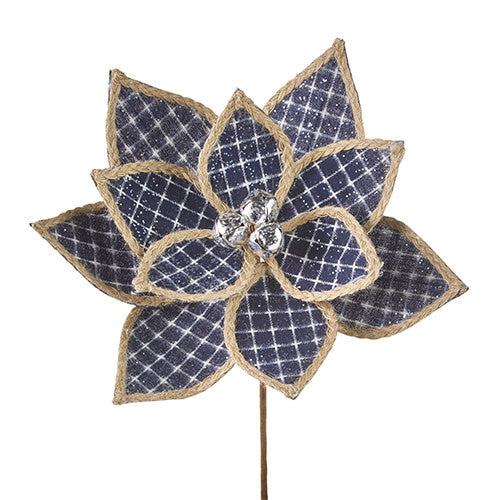 12-inch blue plaid poinsettia stem with burlap-trimmed petals and silver jingle bell center.