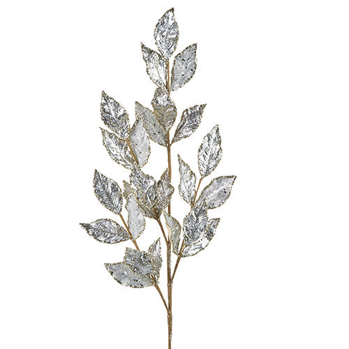 29-inch artificial spray featuring glittered silver leaves on a thin brown stem.