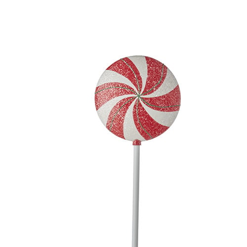 Plastic Peppermint lollipop stem with red white swirls green line iridescent glitter