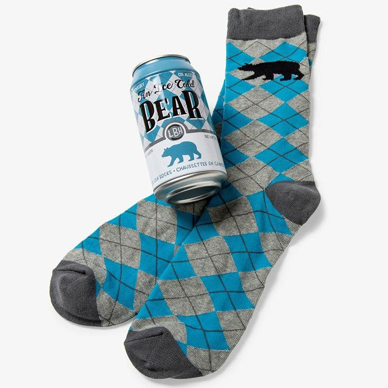 Men's crew socks in blue cotton blend with Little Blue House print.