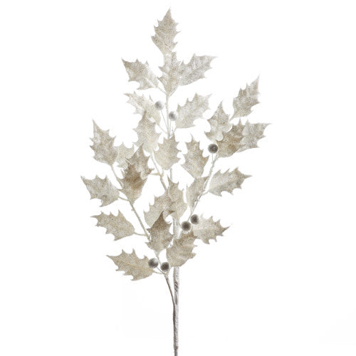 29-inch white glittered holly spray with foam leaves and berries on a paper-wrapped stem.