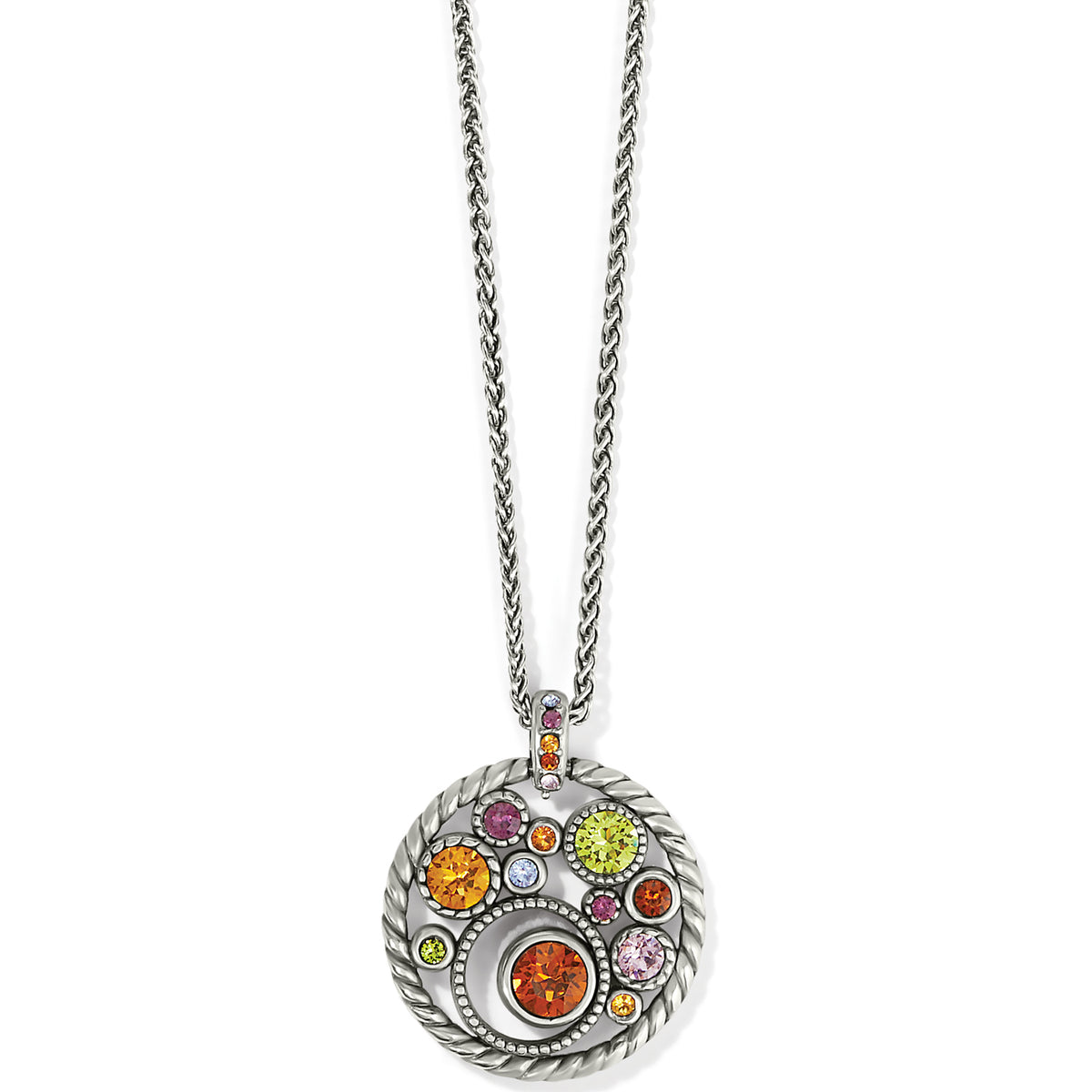 Silver plated necklace with multi-colored crystal halo gems on a lobster claw closure.