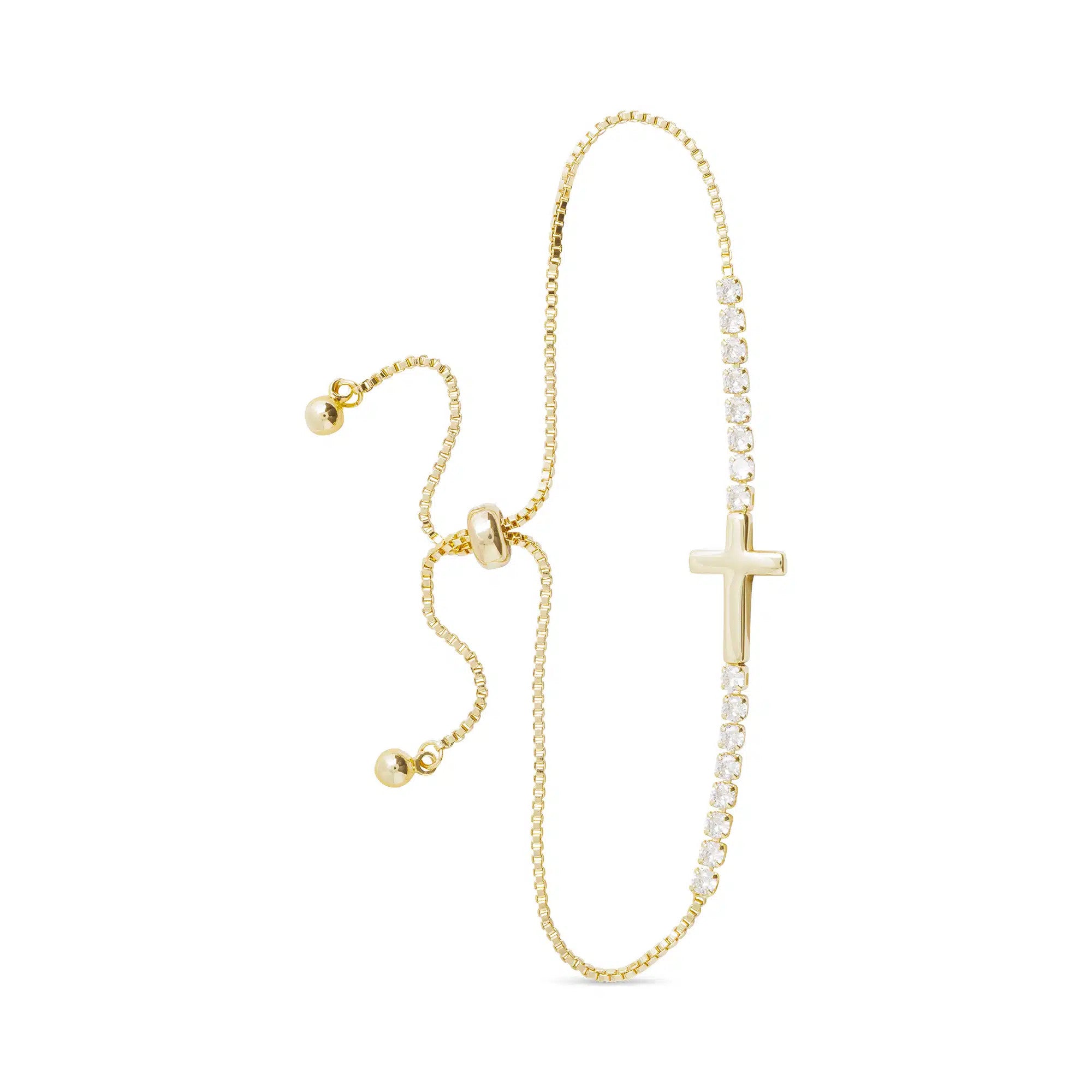 Gold pull-cord bracelet featuring a smooth gold cross and a line of sparkling CZ stones.