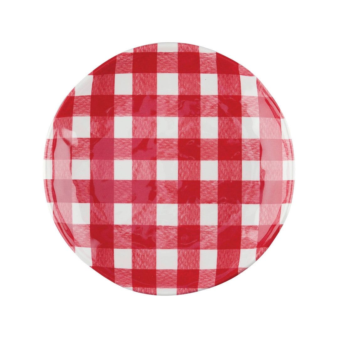 Six-inch round white melamine plate with red gingham check pattern.