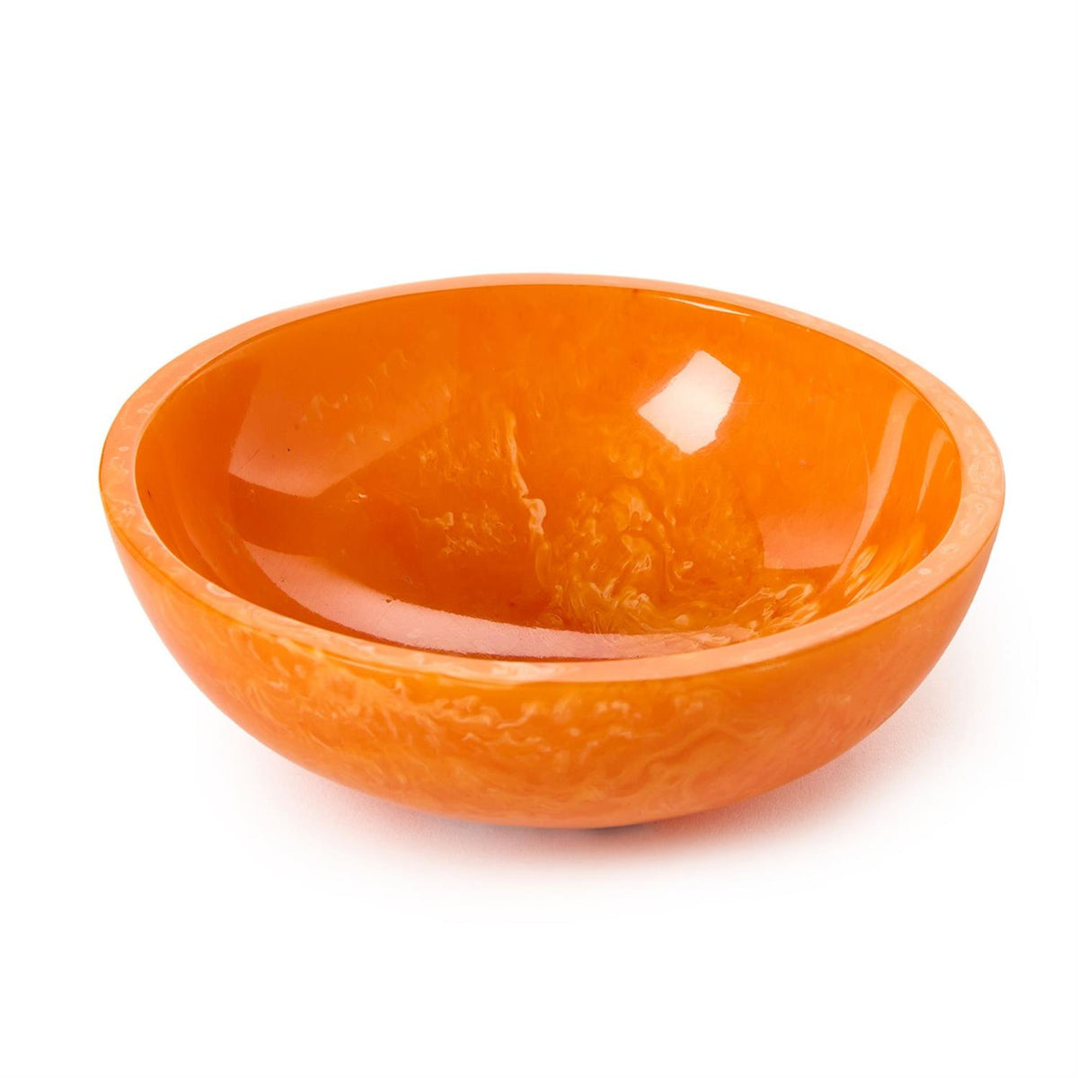 Small orange resin tidbit bowl with a glossy finish and marbled texture.