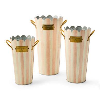 Galvanized metal flower bucket with brass logo plate