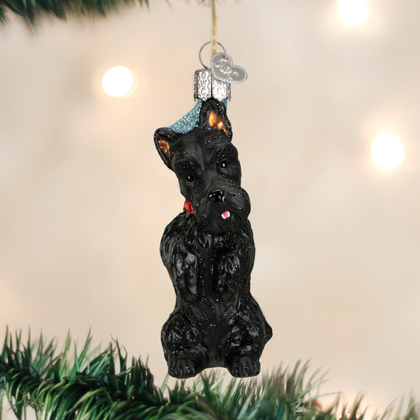 Black glass Scottish Terrier ornament with a blue glitter hat hanging on a Christmas tree.