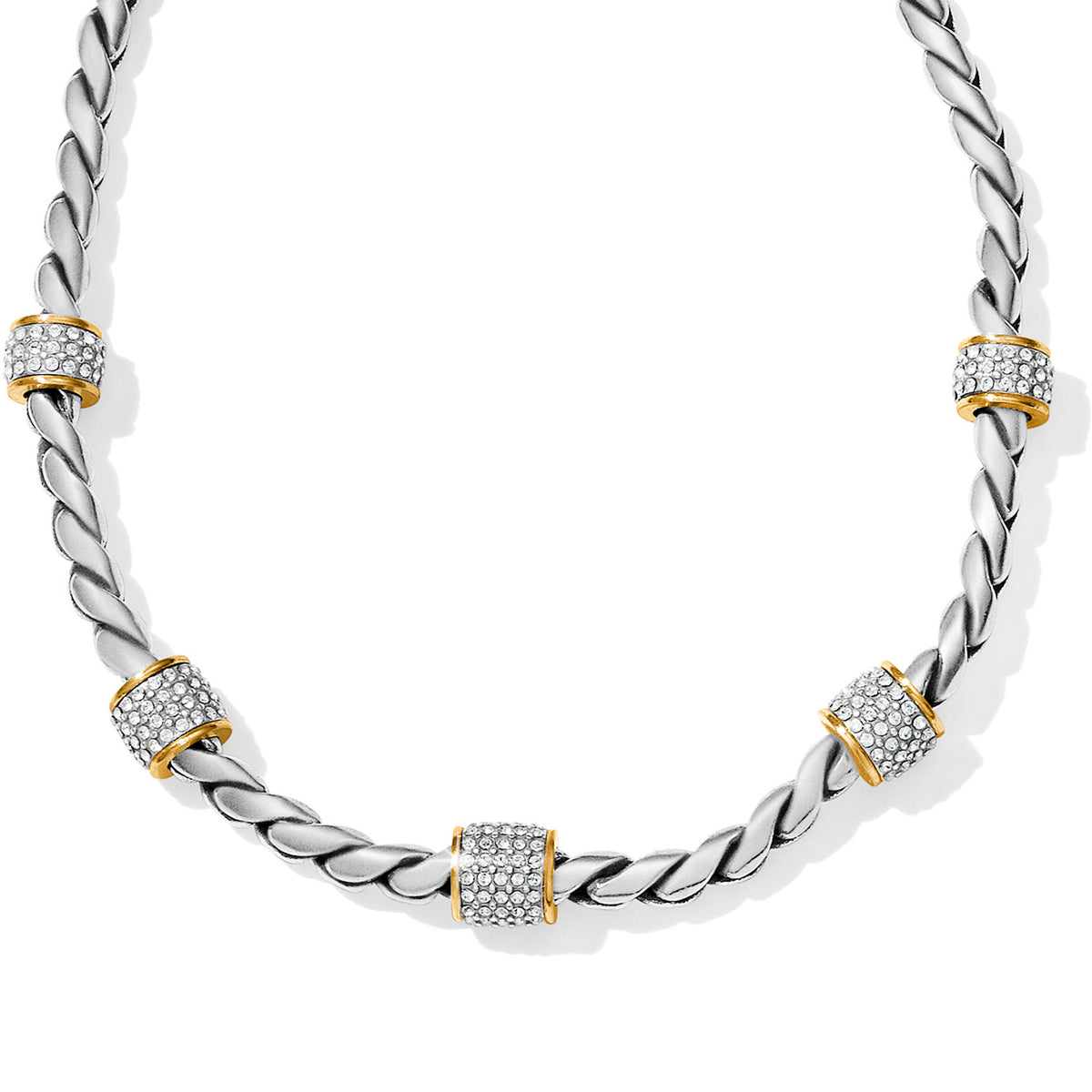 Adjustable two-tone silver and gold lobster claw necklace featuring fine quality crystal.