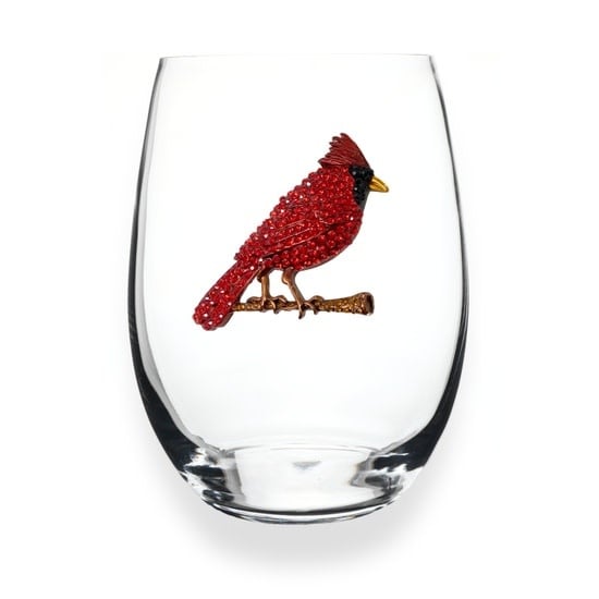 Handcrafted stemless wine glass with jeweled embellishments around the rim in clear crystal.