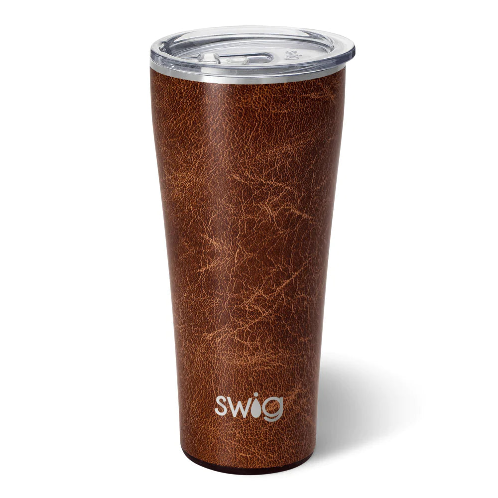 32oz stainless steel tumbler with a brown faux leather texture and a clear lid.