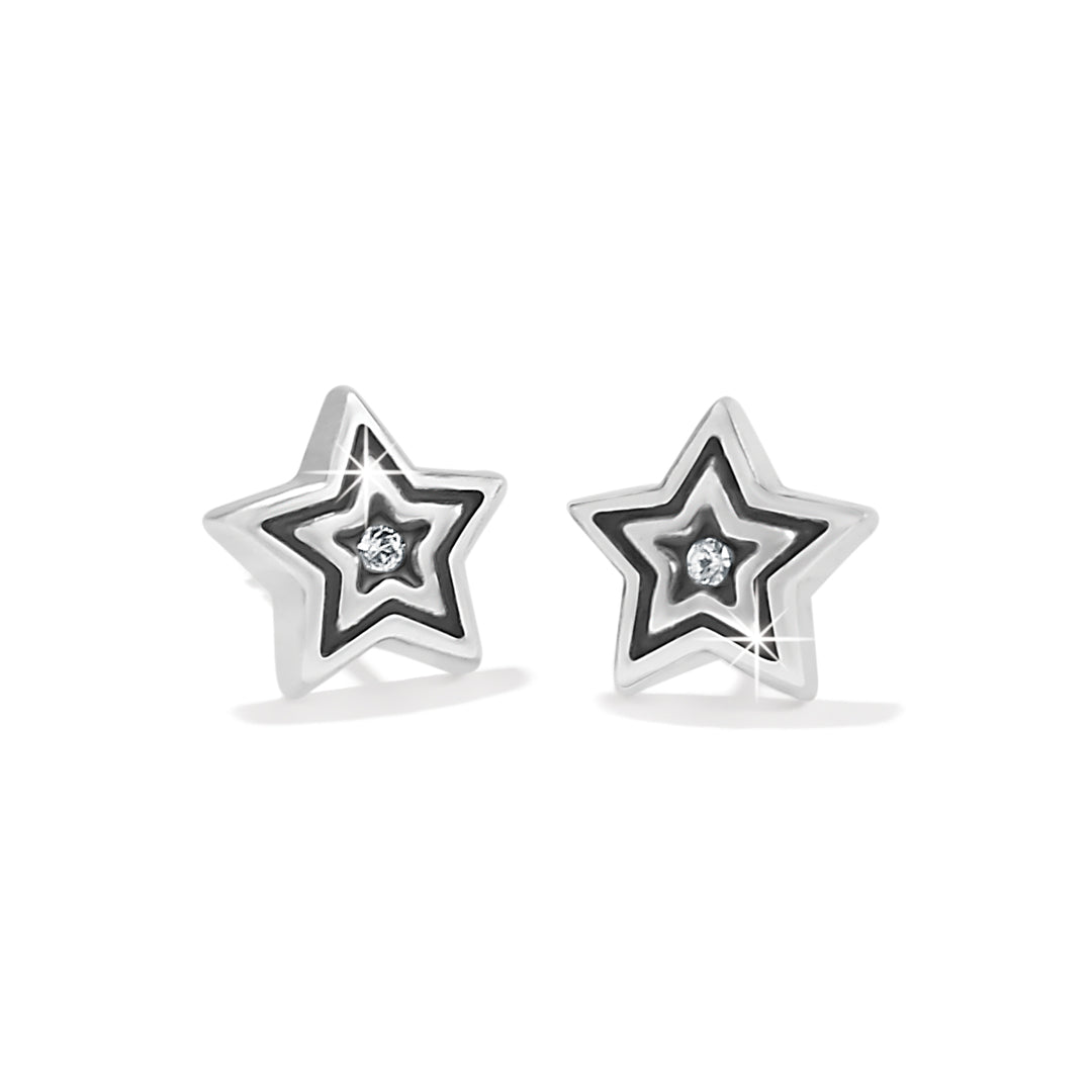 Silver plated mini post earrings featuring a quarter-inch width with an eighth-inch drop and fine quality crystal.