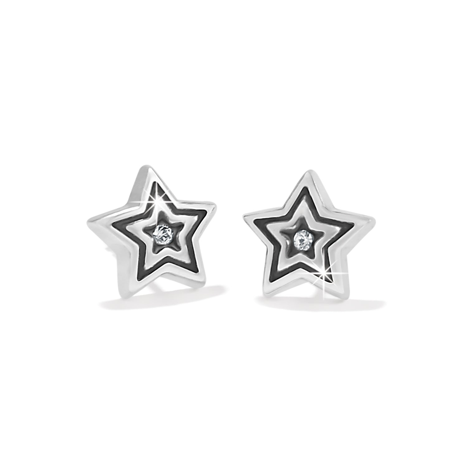 Silver plated mini post earrings featuring a quarter-inch width with an eighth-inch drop and fine quality crystal.