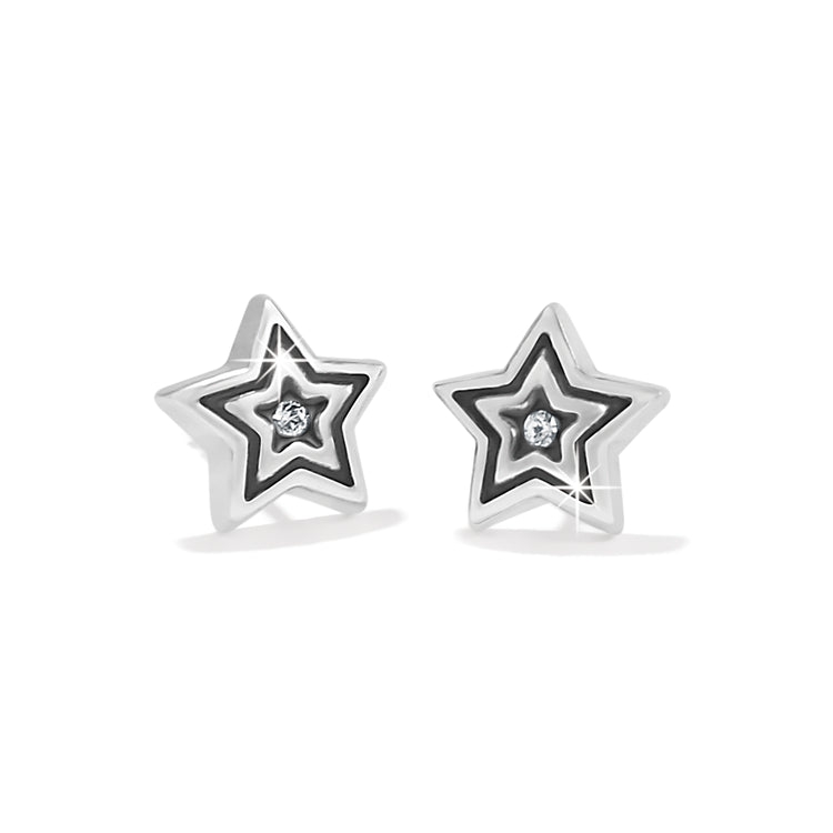 Silver plated mini post earrings featuring a quarter-inch width with an eighth-inch drop and fine quality crystal.