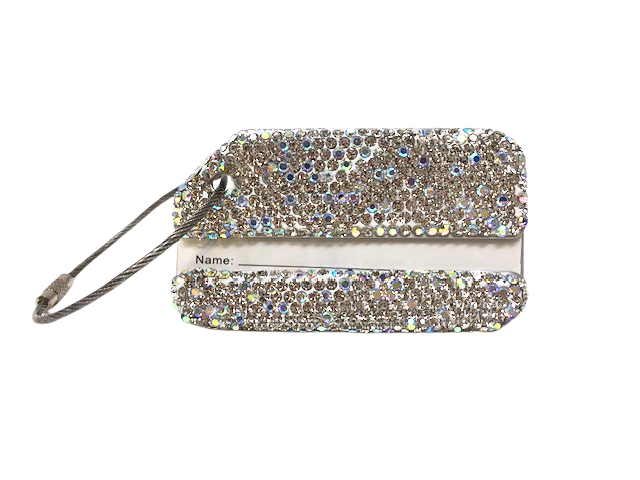 Rhinestone luggage tag with a steel wire loop and name card slot.