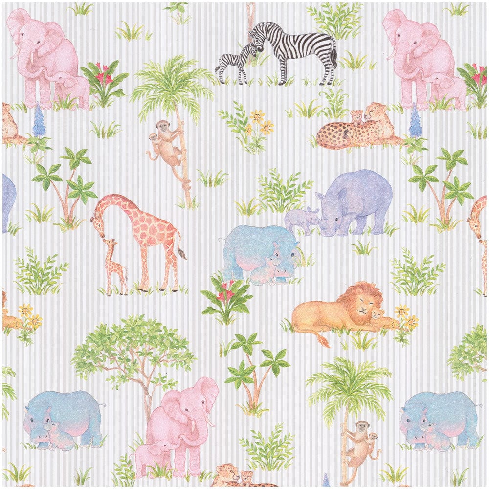 Roll of Safari-themed baby gift wrapping paper featuring animal prints on white background.