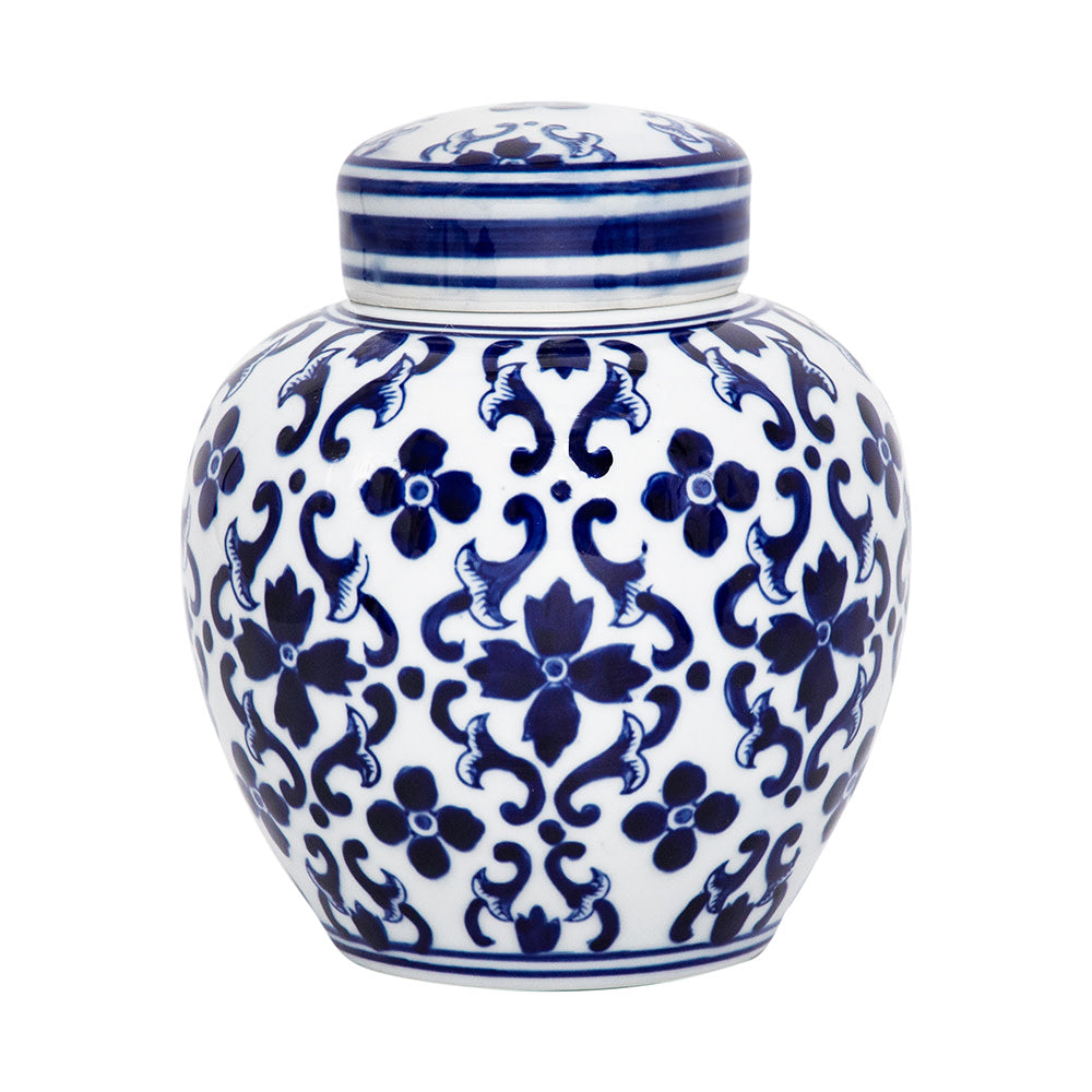 Aline Lidded Jar, a white porcelain ginger jar with blue floral and scroll patterns.