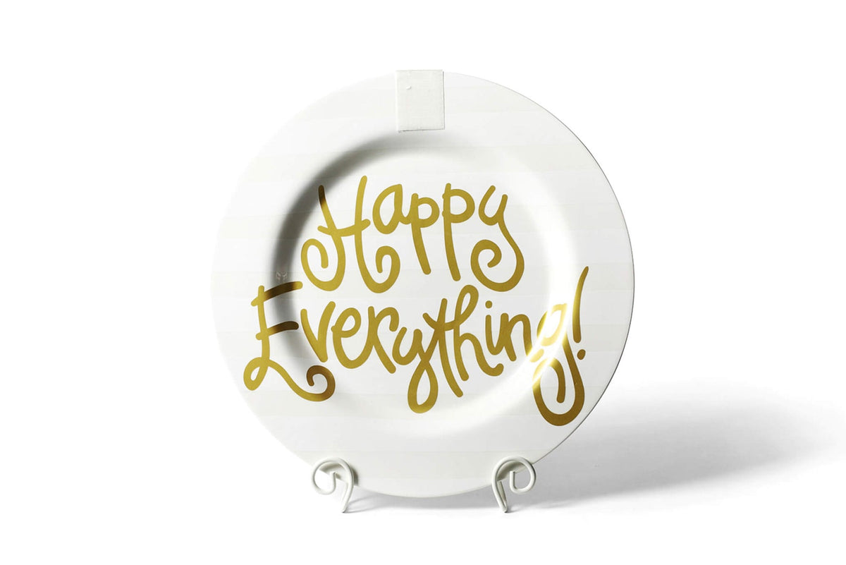 Ceramic white platter with a blue stripe rim featuring the Happy Everything logo.
