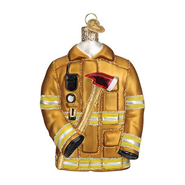 Glass firefighter's coat ornament in gold with reflective stripes, a red axe, and radio detail.