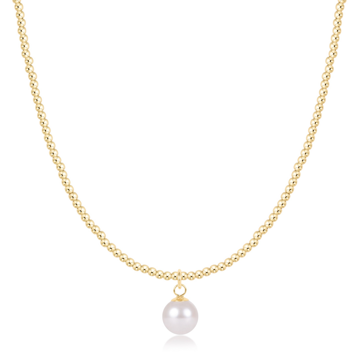 17-inch choker with 2mm 14kt gold-filled beads and an 8mm white crystal pearl charm.