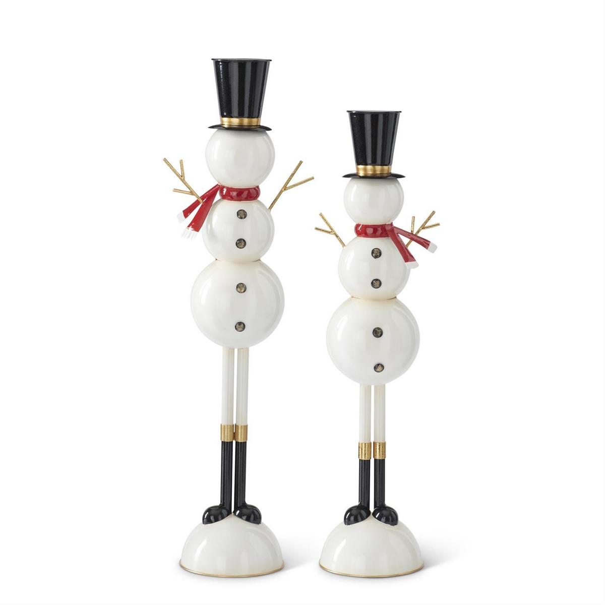 Two metal long-leg snowman figures with black top hats, red scarves, and twig-style arms.