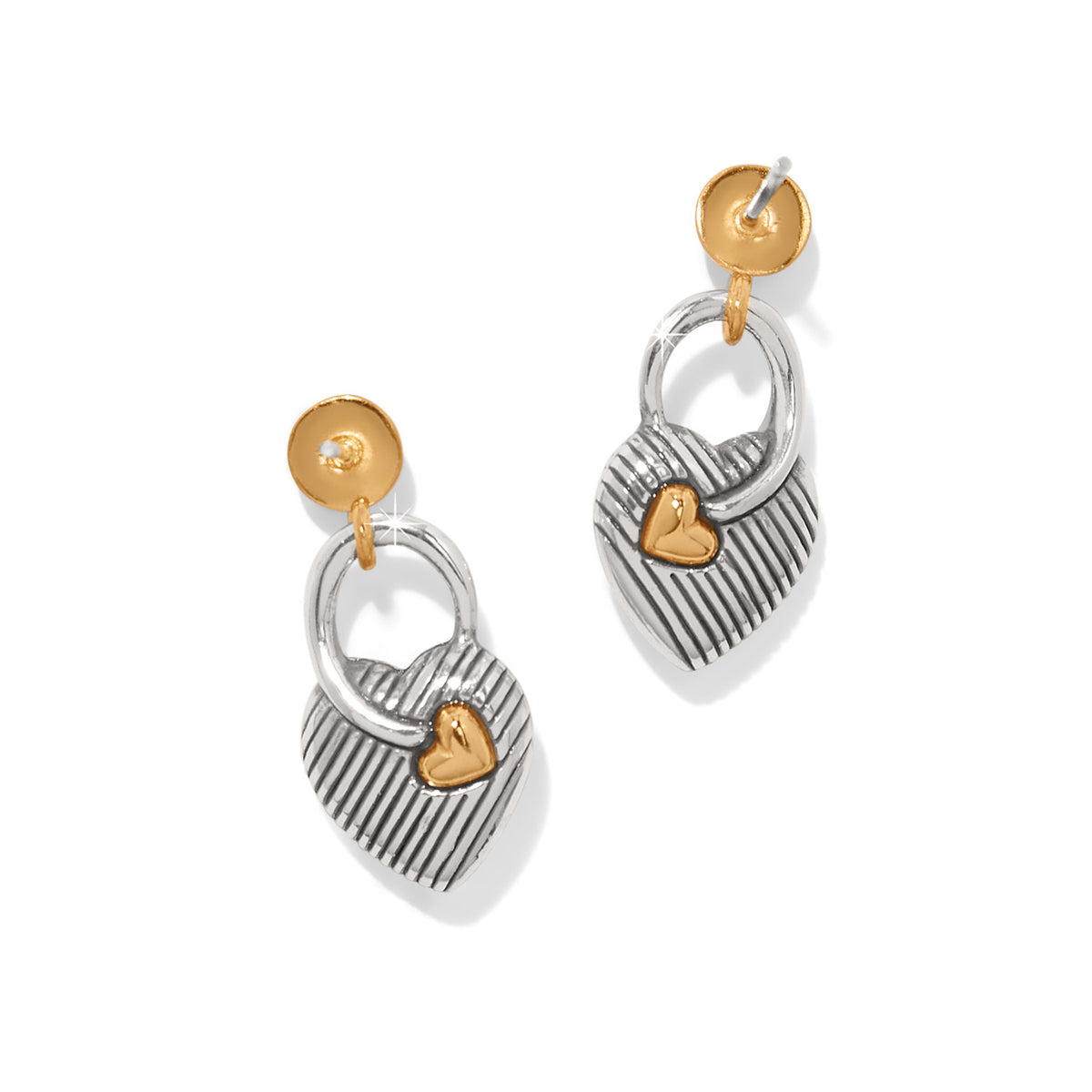 Two-tone silver and gold One Heart post drop earrings with textured heart charms.