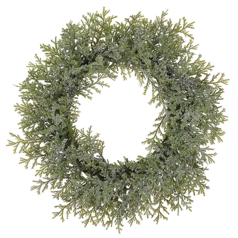 24-inch green iced cedar wreath with a frosted finish and clear glitter accents.