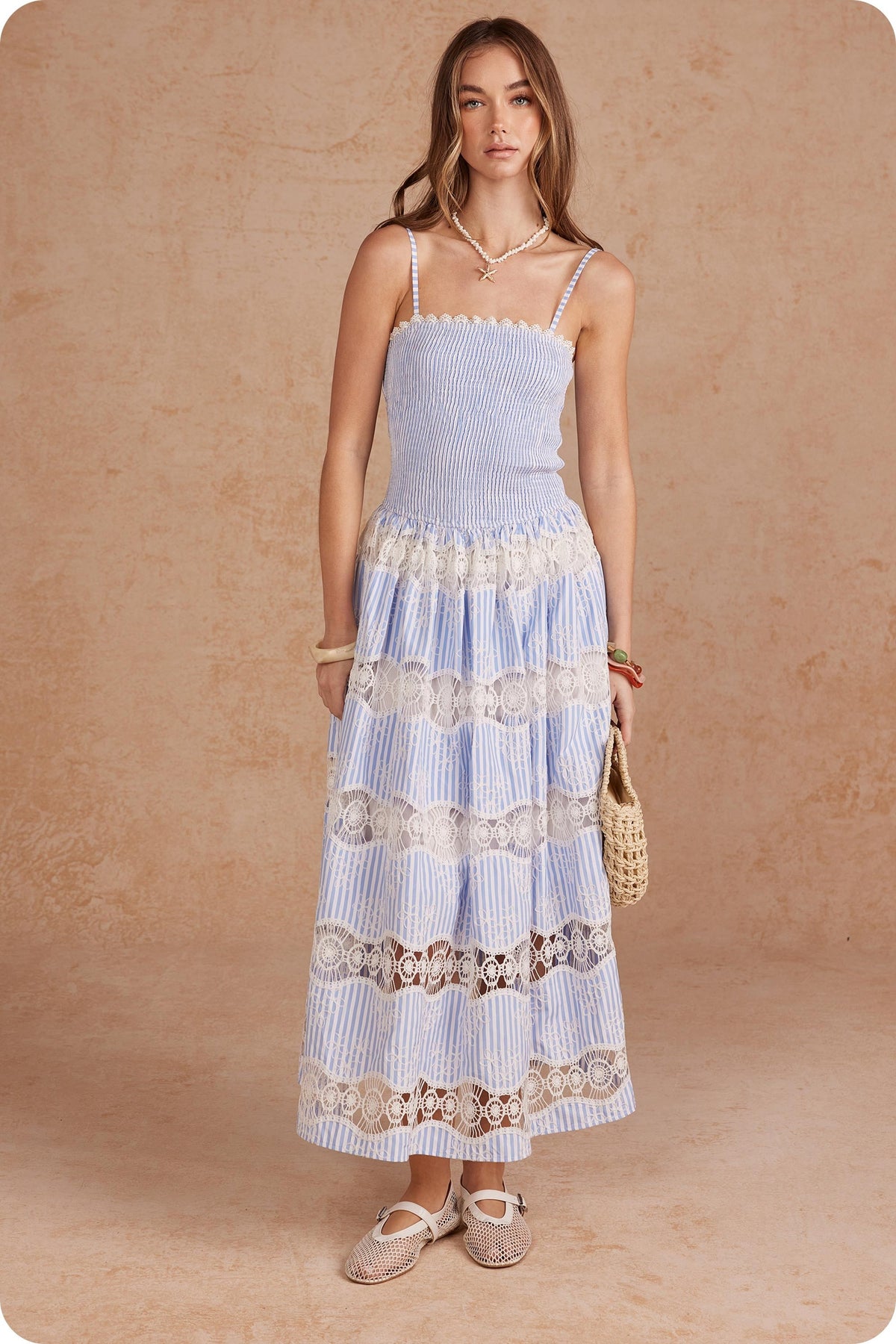 Annie Embroidery Stripe Sleeveless Long Dress with smocked bodice and crochet lace inserts.