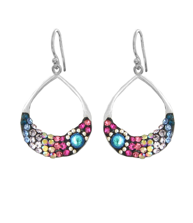 Small open hoop drop earrings in sterling silver with colorful Austrian crystal accents.