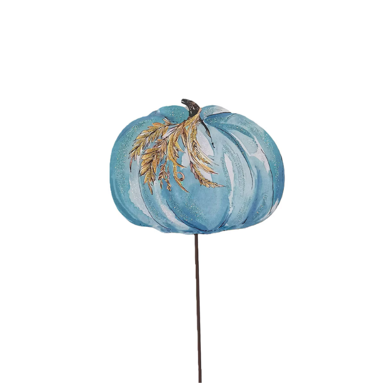 Blue metal pumpkin stake with gold wheat accents and glitter detailing.