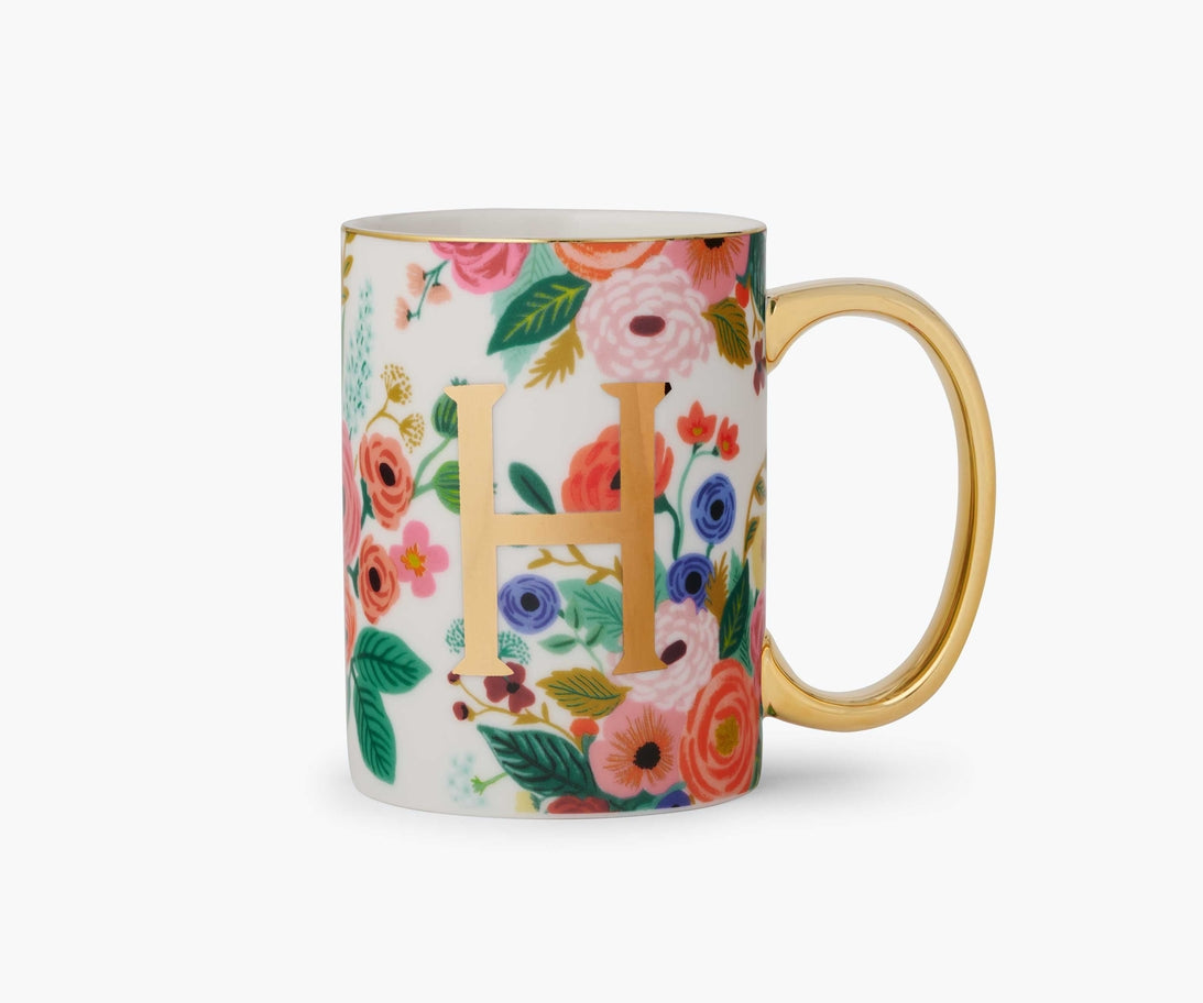Garden Party Porcelain Monogram Mug with floral pattern, gold foil letter H, and gold handle.