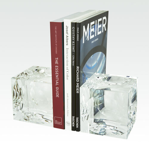Pair of clear crystal cube bookends with a modern geometric silhouette.