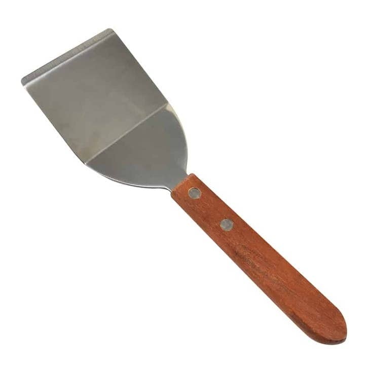 7.5-inch stainless steel cooking spatula with a natural wood handle.