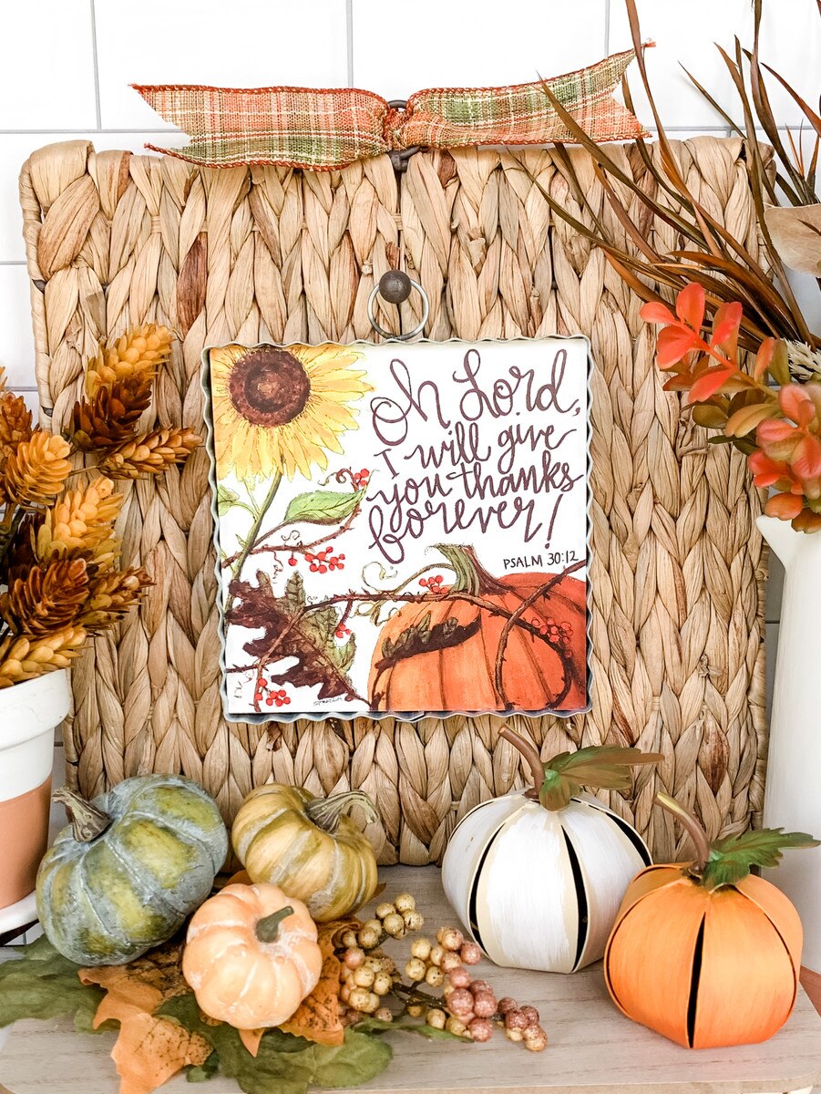 Mini Gallery Thanks Forever wall art with Psalm 30:12, sunflower, and pumpkin on a woven backdrop.
