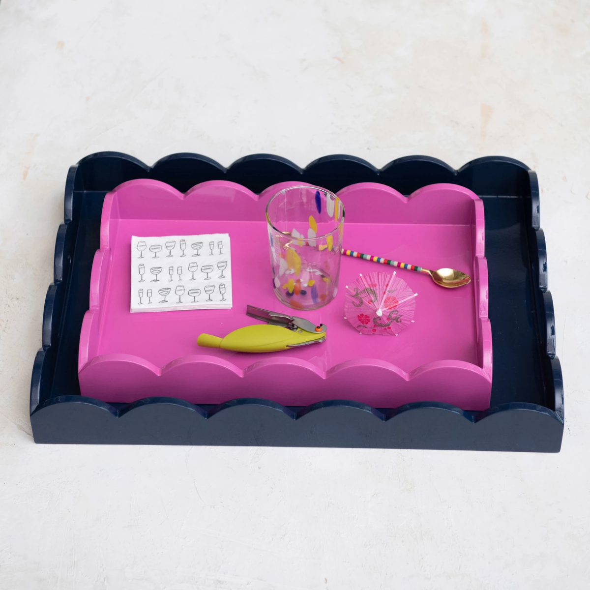 Navy lacquered MDF rectangular tray with scalloped edges and handles