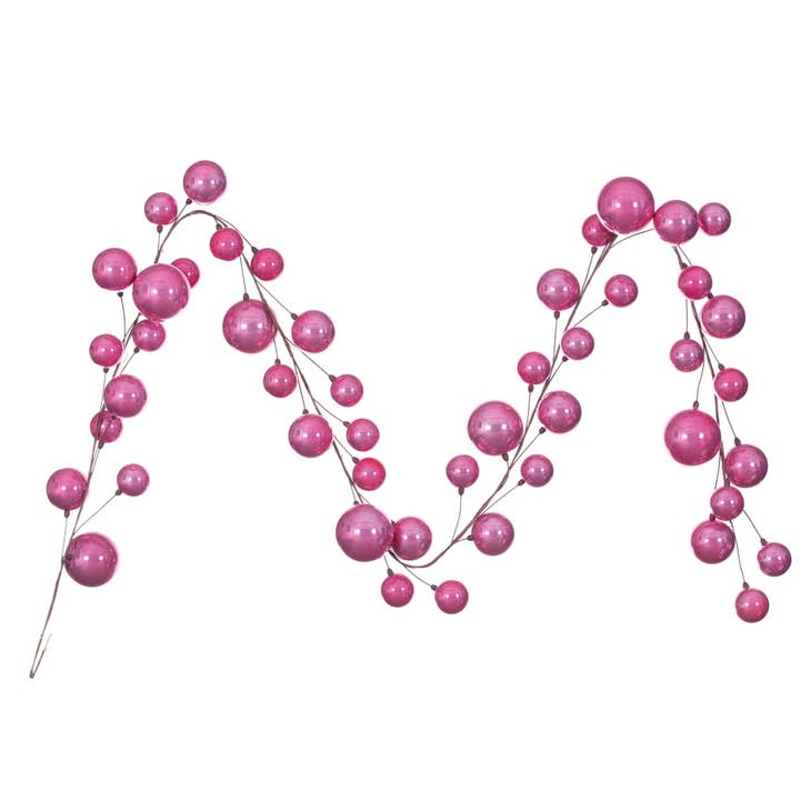 10' Pink Pearl Branch Ball Garland with various sized shiny pink spheres on a flexible wire.