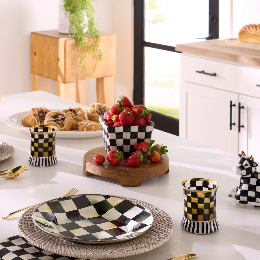 Courtly Check berry basket with a farmhouse checkered pattern in blue and white.