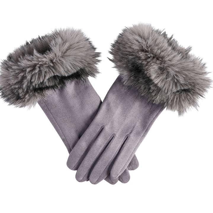 Black ultra-suede gloves with a plush fur cuff lining