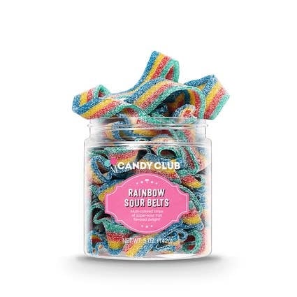 Packaged Sour Belts candies featuring tart cherry-flavored ribbons in a square box.