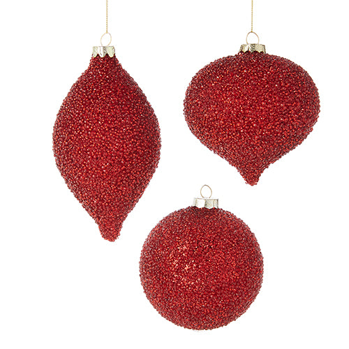Four-inch red glass beaded ornament with a round shape.