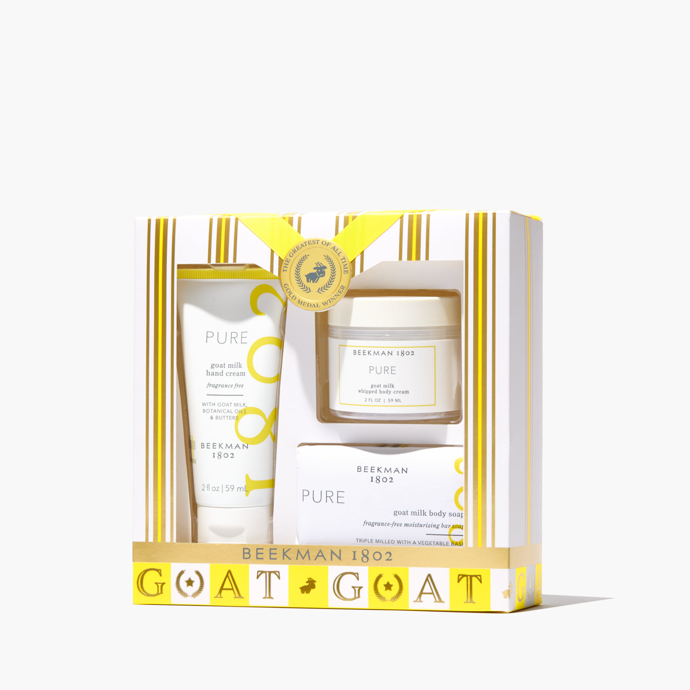 Pure fragrance-free goat milk soap, whipped body cream, and hand cream in a travel-sized gift set.