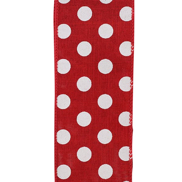 White linen wired edge ribbon with jumbo dot pattern