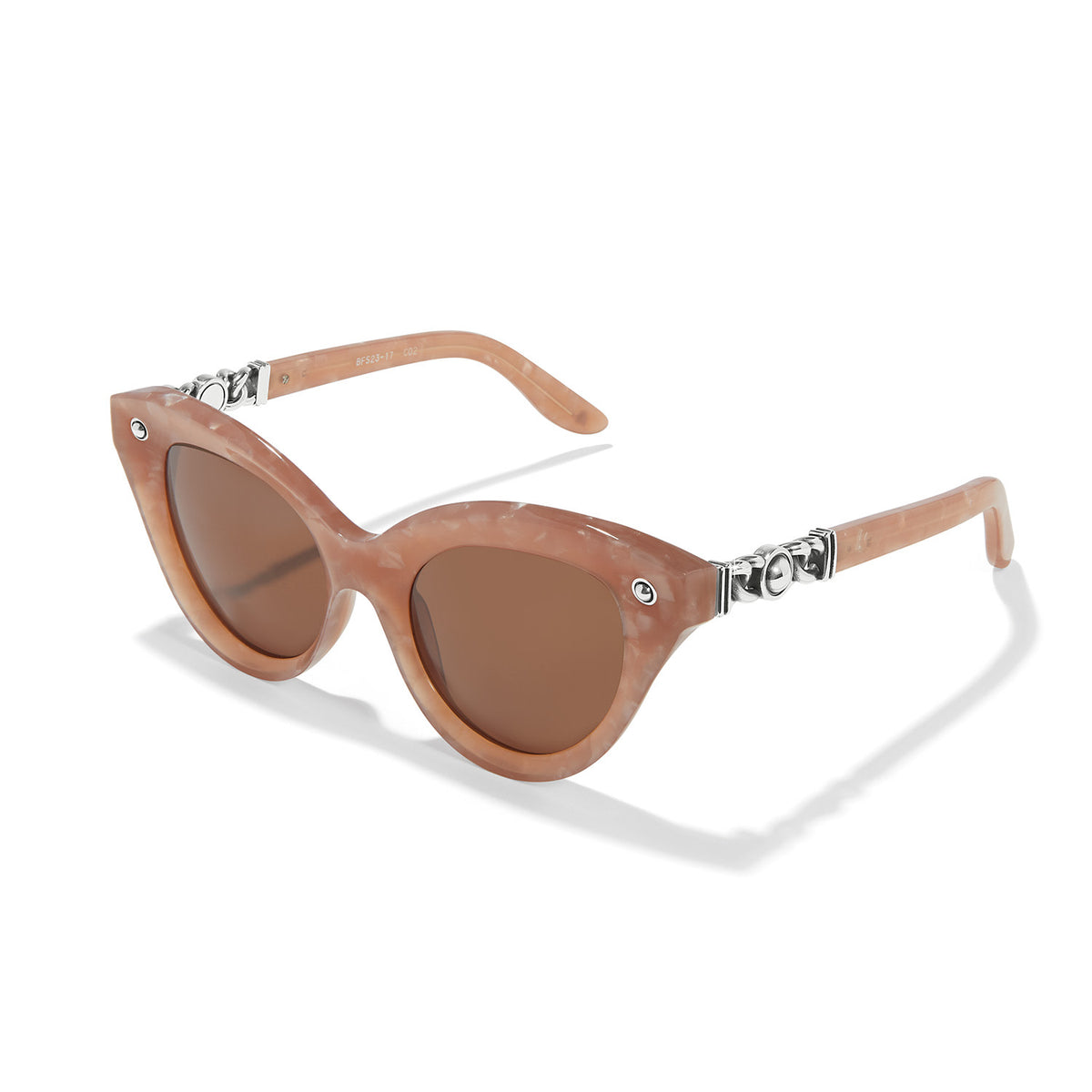 Cream cat eye sunglasses with brown lenses and silver-plated chain detail on the temples.