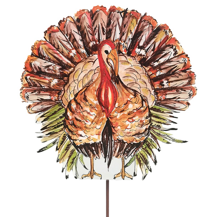 Festive Turkey garden stake featuring a watercolor-style illustration with gold glitter accents.