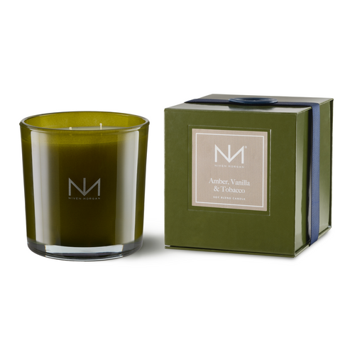 Dark olive glass double-wick soy blend candle with a rich soothing fragrance