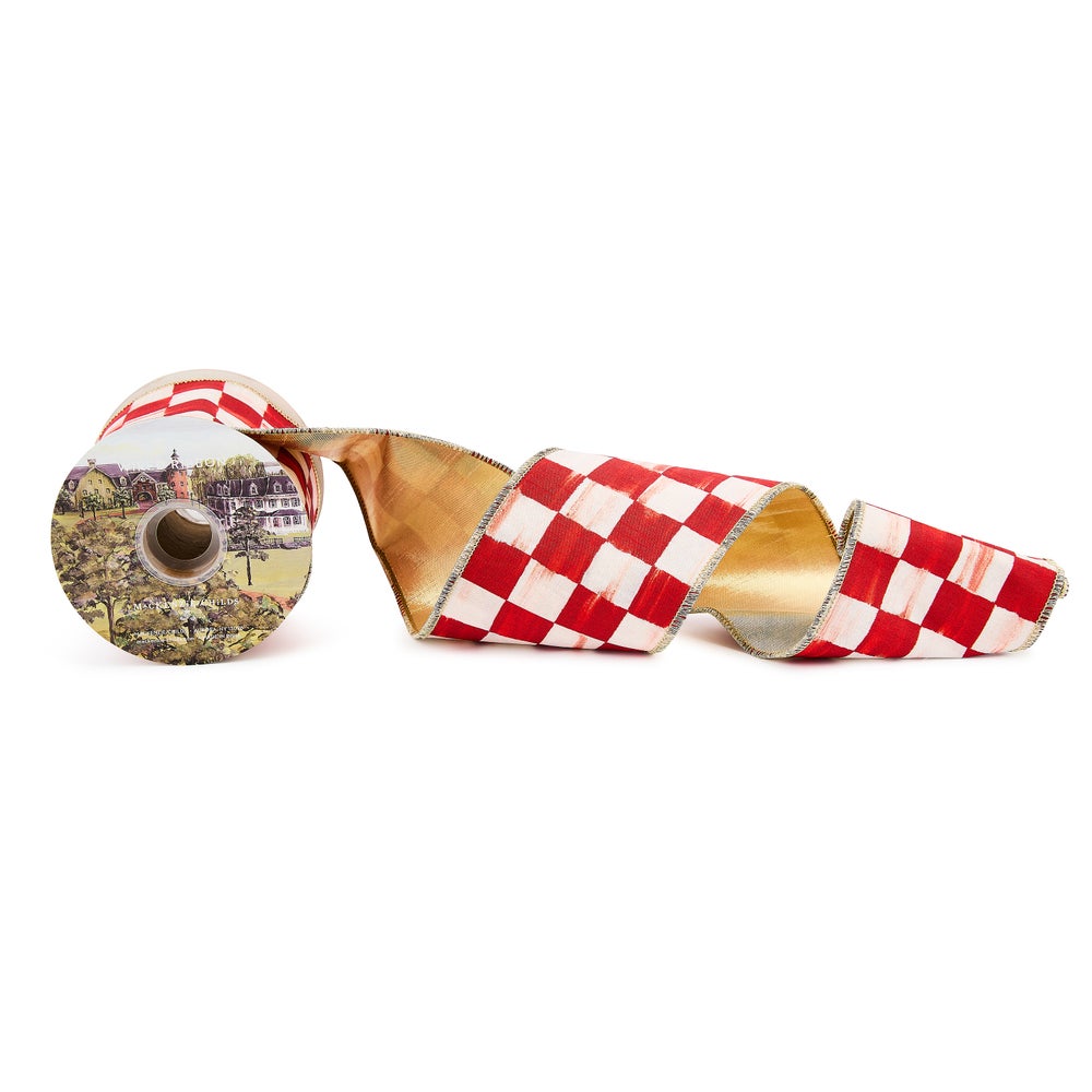 Roll of check ribbon with linen-finish checks on one side and festive gold on the other.
