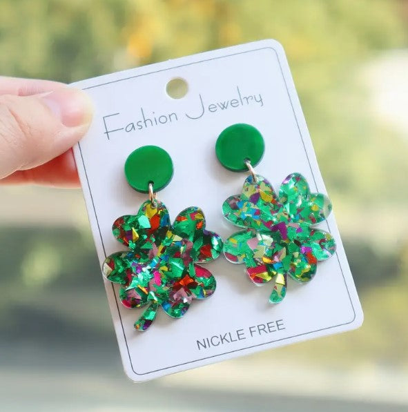 Green acrylic four-leaf clover earrings with sequin bling