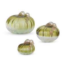 Set of 3 Green & Clear Crackled Handblown Glass Pumpkins