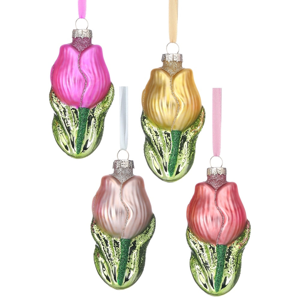 Four-inch glass tulip ornament with vibrant colors in a delicate floral shape.