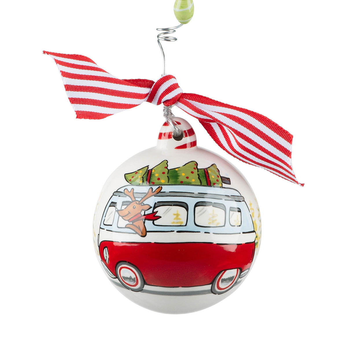 Hand-painted ceramic reindeer ornament with a vintage VW bus silhouette in earthy tones.