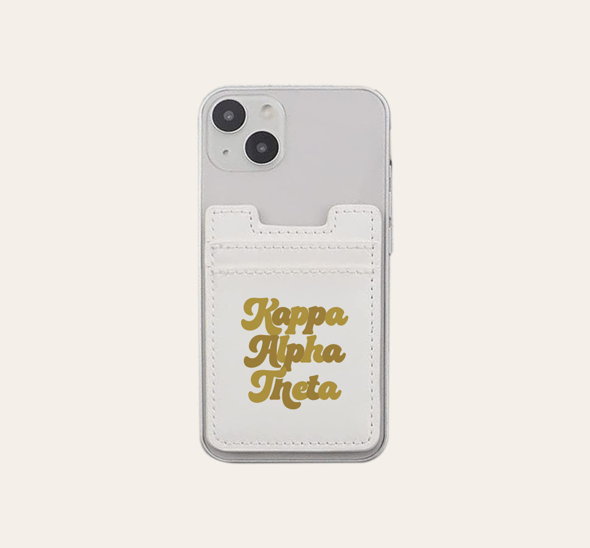 Sorority stick-on phone wallet with Greek letter monogram pattern.